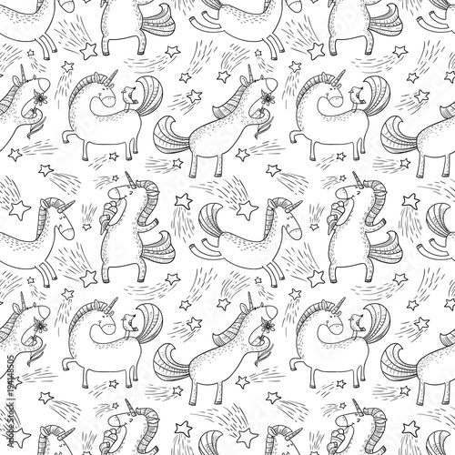 Magic unicorns background. Seamless pattern with mystical horse in doodle children style.