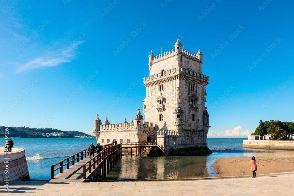 The iconic quarter facade of the Tower of Belem (Torre de So Vicente)  on the bank of the Tagus River.