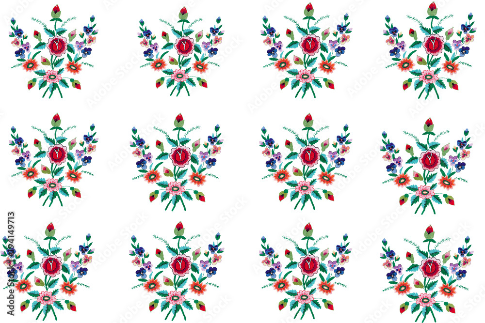 Embroidered bouquet of flowers repeat isolated on white background