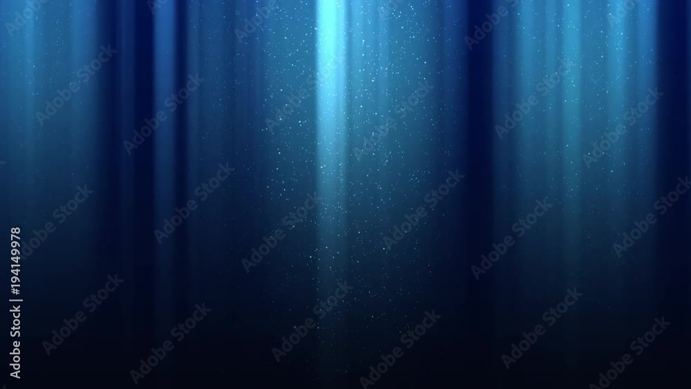 Dark blue abstract background with rays of light and specks, sparkles, falling snow, night shining sky, seamless loop