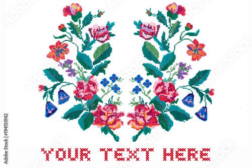 Card with space for text. Embroidered cross-stitch bouquet of flowers isolated on white background