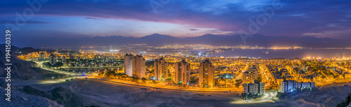 Nocturnal aerial panoramic view on Eilat (Israel) and Aqaba (Jordan) cities