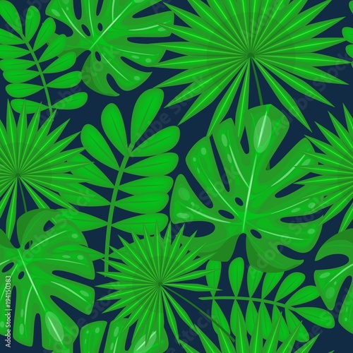 Seamless pattern with tropical leaves on the dark background. Vector illustration. Cartoon style.