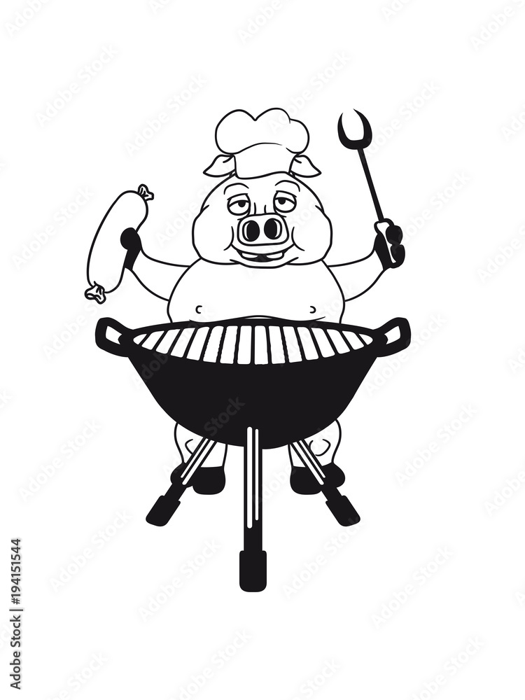 grill koch kochen grillen bbq chef küche schürze lecker essen hunger groß  dick fett schwein eber ferkel comic cartoon lachen clipart  Stock-Illustration | Adobe Stock