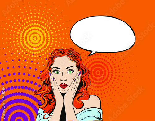 [19:56, 27.2.2018] +7 926 522-32-23: surprised girl of pop art looks ahead and does not believe her eyes. Illustration. Vector.
