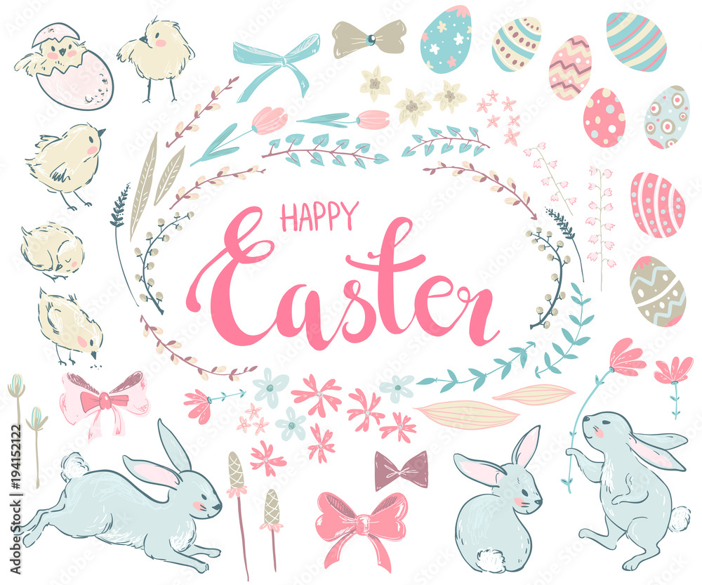 Easter cute collection. Bunnies, flowers and eggs.