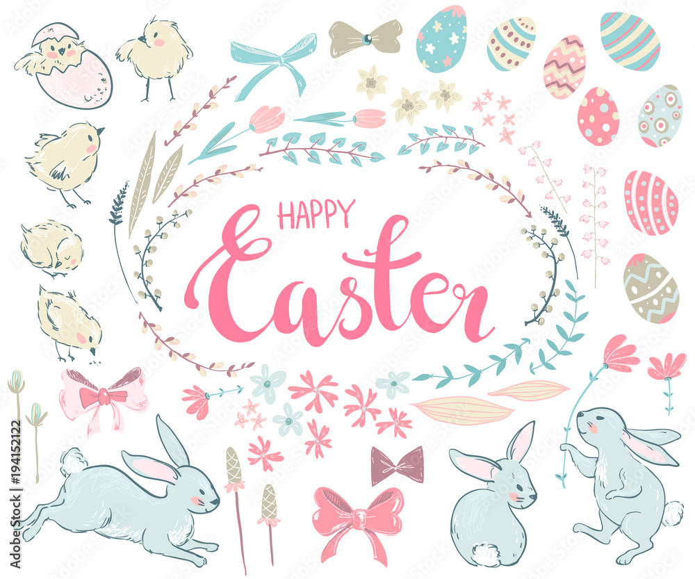 Easter cute collection. Bunnies, flowers and eggs. Easter cute collection. Bunnies, flowers and eggs.
