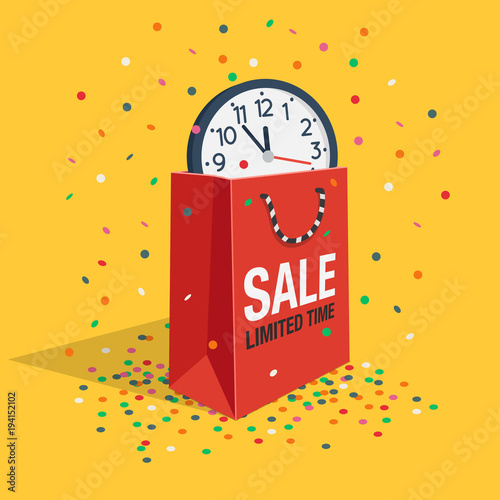 Special limited time sale symbol with shopping bag, wall watch and flying confetti isolated on yellow background. Easy to use for your design with transparent shadows.