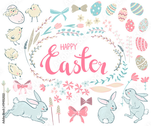 Easter cute collection. Bunnies, flowers and eggs.