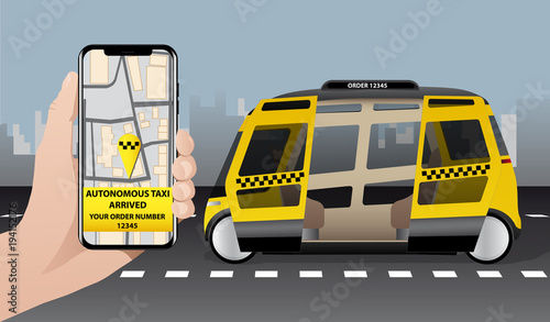 Control of self driving bus by mobile app. Autonomous shuttle arrived to a man. Text "Autonomous taxi arrived" on the phone screen. 