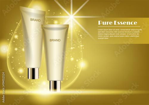 Gold cosmetic tube with gold water drop and lens flare light effects vector cosmetic ads