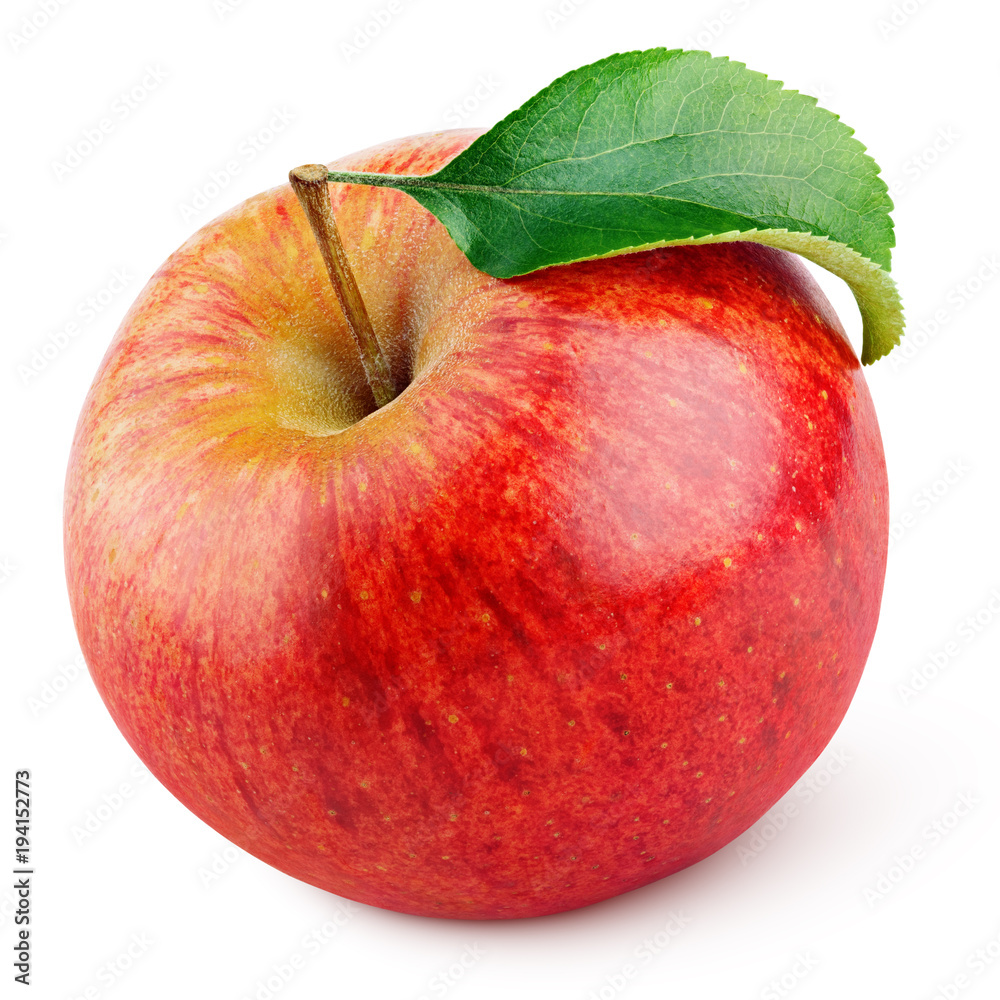 Single Ripe Red Apple Fruit With Green Leaf Isolated On White 
