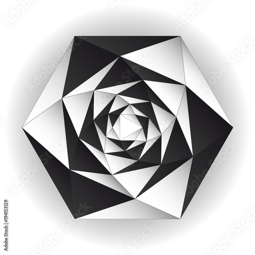 Inside triangular black white twisting form isolated. Vector background.