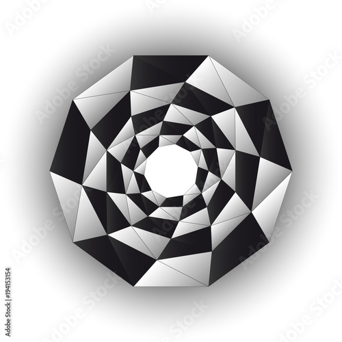 Inside triangular black white twisting form isolated on white background.