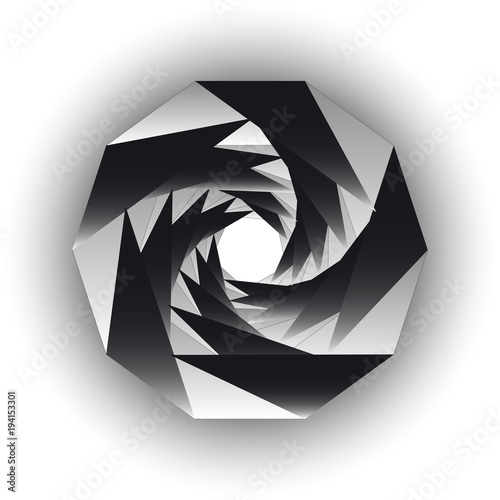 Inside triangular black white twisting tunnel. Vector background.
