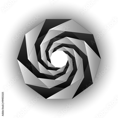 Inside triangular black white twisting tunnel form. Vector background.