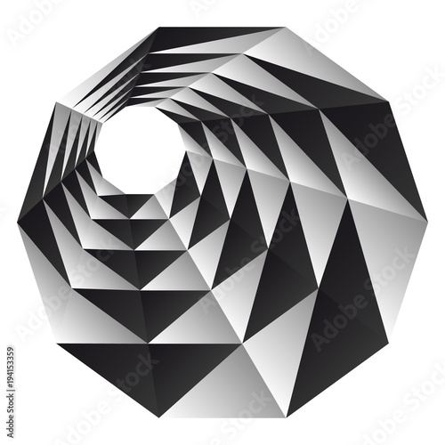 Inside triangular black white twisting form. Vector background.