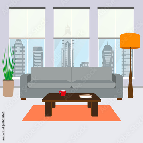 Living room interior with windows, modern sofa and coffee table. Furniture design. Vector illustration.