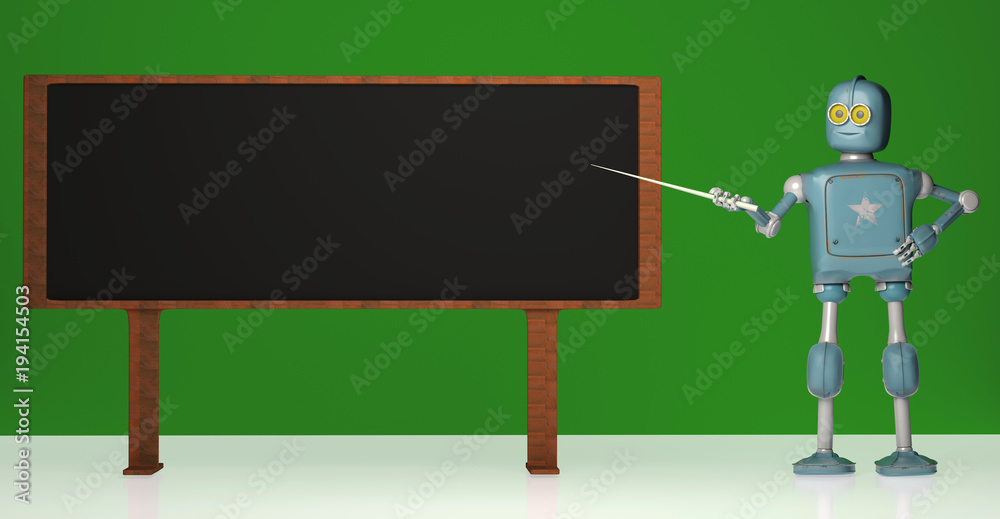 Retro robot with pointer stick on green background. 3d illustration. Robot teacher standing in front of blackboard Retro robot with pointer stick on green background. 3d illustration. Robot teacher standing in front of blackboard