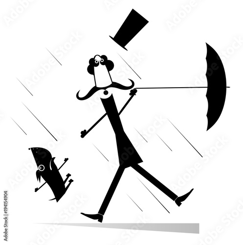 Mustache man in the top hat with umbrella and a dog staying on the strong wind black on white illustration