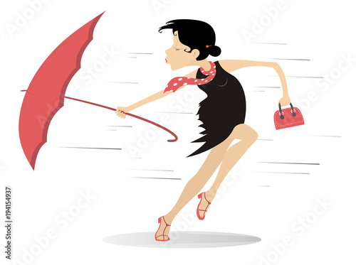 Windy weather, young woman and umbrella illustration. Pretty young woman with a handbag and an umbrella fighting with the strong wind isolated on white illustration
