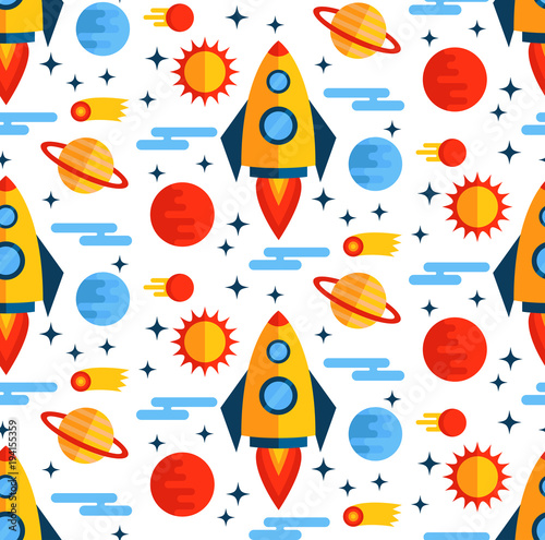 Outer space rocket flat seamless vector pattern