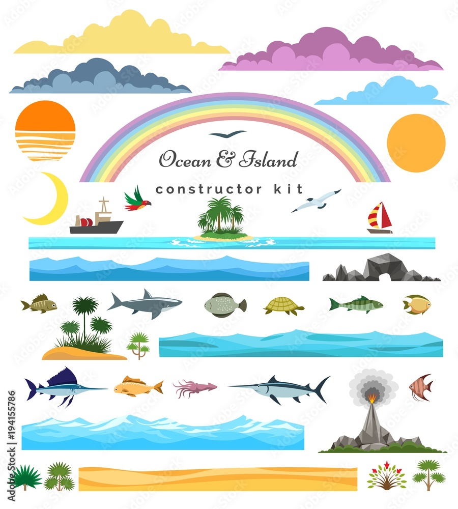 Sea island constructor. Ocean and islands, surf beach and seascape creator set vector illustration