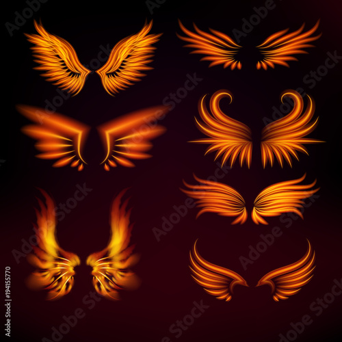 Bird fire wings vector fantasy feather burning fly mystic glow fiery burn hot art wings illustration on black.