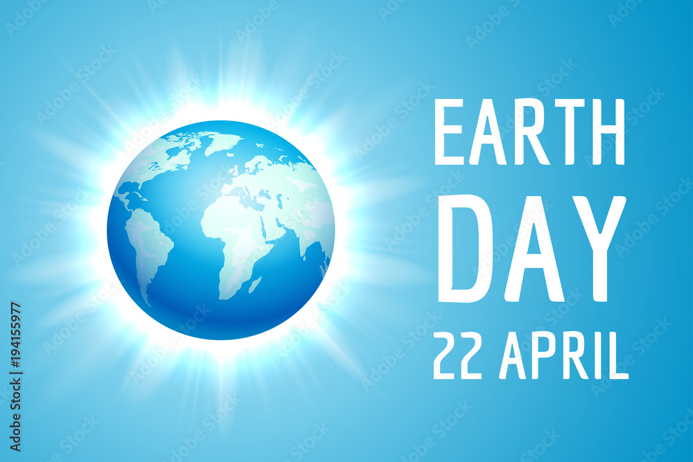 Earth Day banner. Vector illustration of the blue globe planet on the flash background