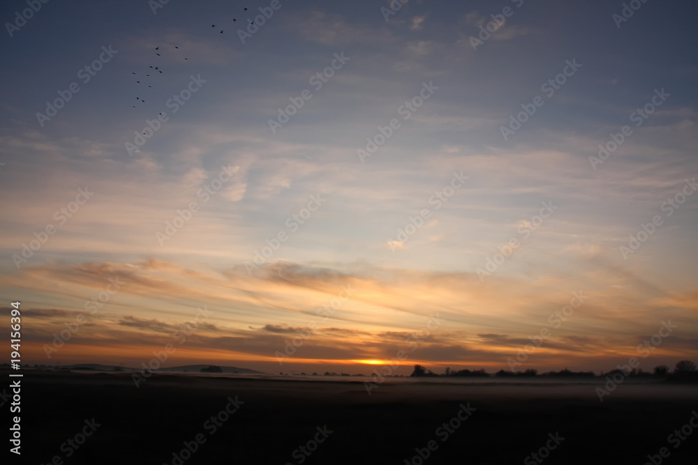Irish meadow at summer sunset. Fog in the meadow. Mist in the meadow. Sun glow in the meadow. Summer nature Irish meadow at summer sunset. Fog in the meadow. Mist in the meadow. Sun glow in the meadow. Summer nature
