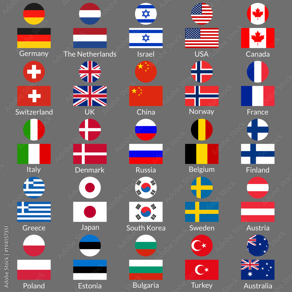 Flag icon set. National flags of USA, UK, Holland, Germany, Italy, France, Russia, China, Finland, Norway, Sweden, Australia, Israel, Japan, Switzerland, Korea, Belgium, Finland. Vector. Vector | Adobe Stock