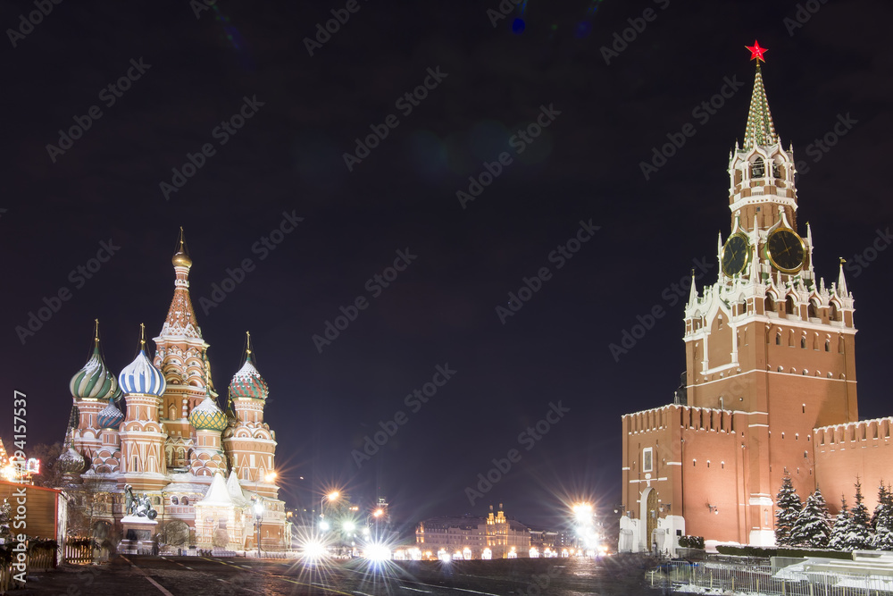 Moscow at night. St. Basil's Cathedral and Kremlin on Red Square. Views on night Moscow city. Lights of the night city of Russian capital.