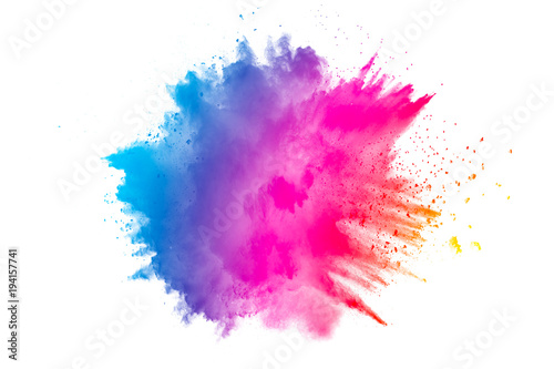 Abstract multicolored dust explosion on white background. Abstract color powder splattered on background.