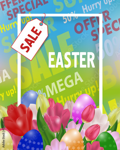 Easter sale poster or banner with tulips and paschal eggs. Spring time. Vector illustration.