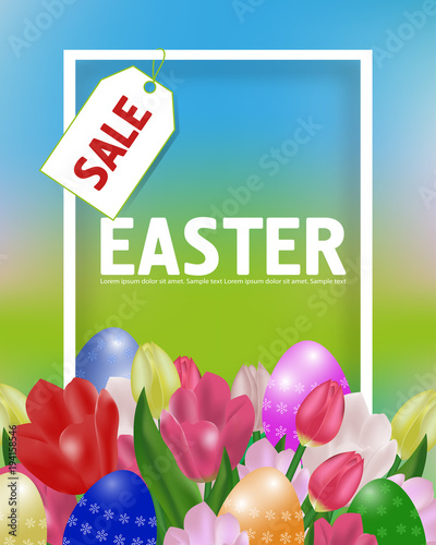 Easter sale poster or banner with tulips and paschal eggs. Spring time. Vector illustration.