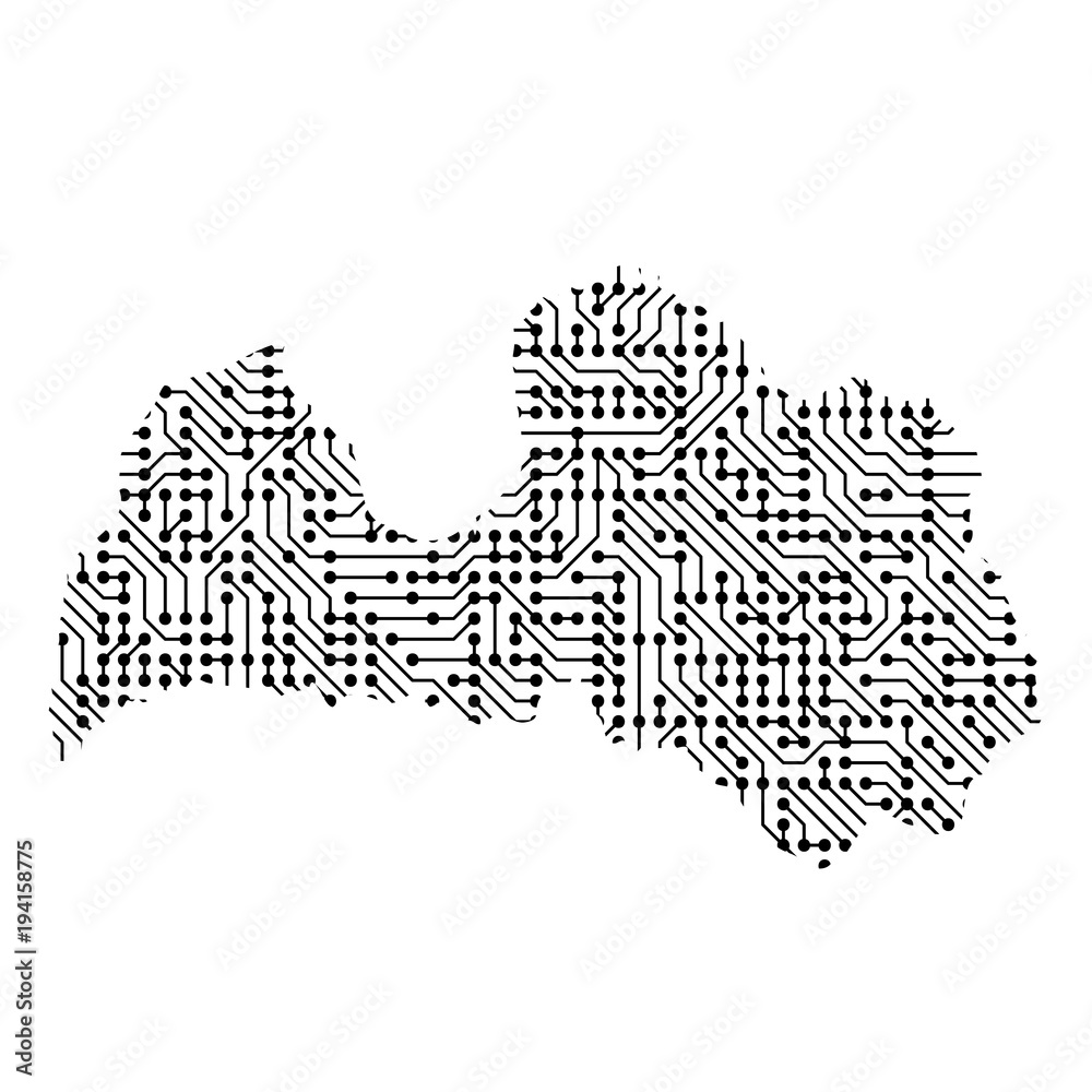 Abstract schematic map of Latvia from the black printed board, chip and radio component of vector illustration Abstract schematic map of Latvia from the black printed board, chip and radio component of vector illustration