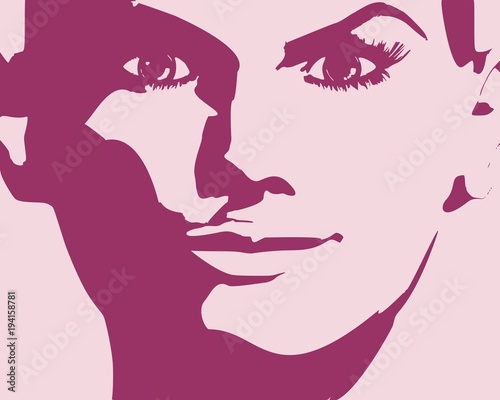 Face front view. Elegant silhouette of a female head. Monochrome gamma.