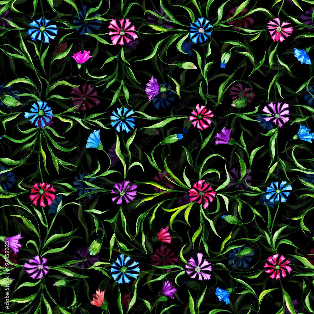 Small beautiful flowers with leaves on black background. Bright cornflowers in check pattern. Seamless pattern. Watercolor painting. Small beautiful flowers with leaves on black background. Bright cornflowers in check pattern. Seamless pattern. Watercolor painting.