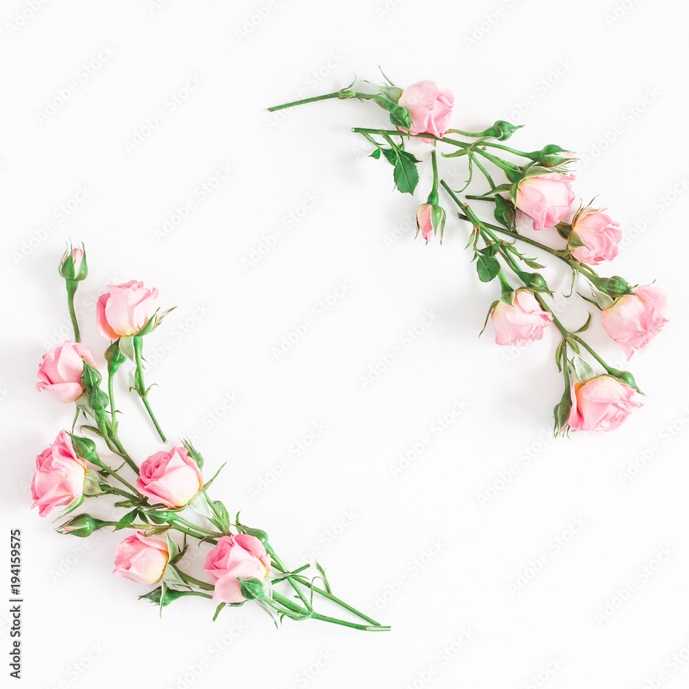 Flowers composition. Wreath made of pink rose flowers on white background. Flat lay, top view, copy space, square