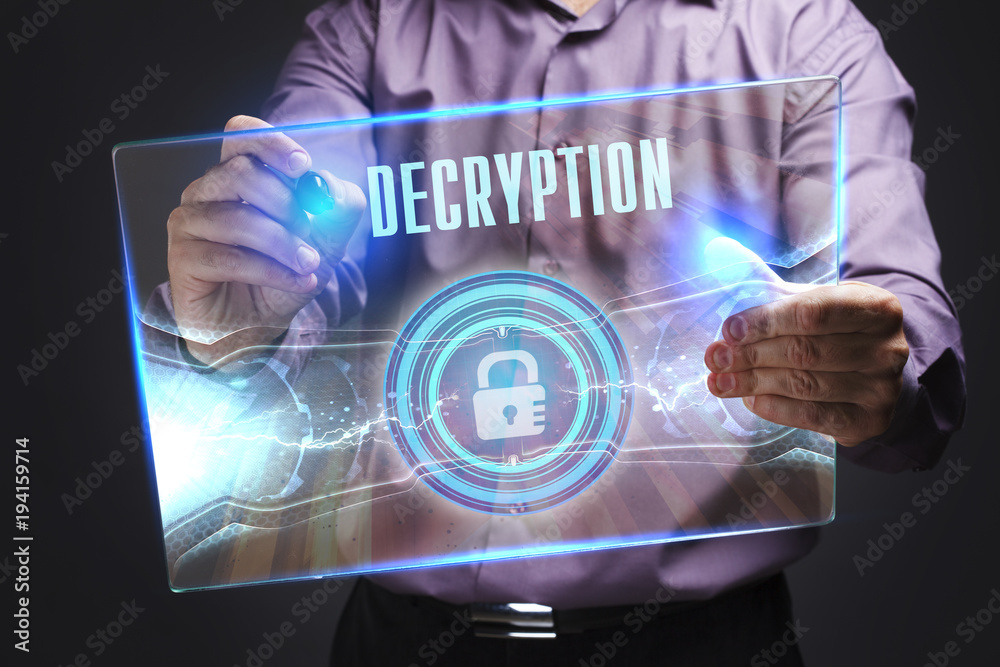 The concept of business, technology, the Internet and the network. A young entrepreneur working on a virtual screen of the future and sees the inscription: Decryption The concept of business, technology, the Internet and the network. A young entrepreneur working on a virtual screen of the future and sees the inscription: Decryption