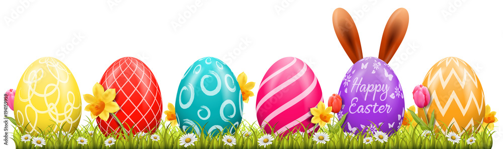 Fototapeta premium Happy easter background with easter eggs and easter bunny