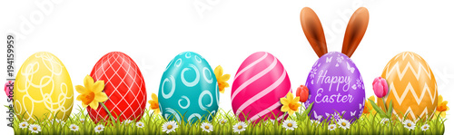 Happy easter background with easter eggs and easter bunny