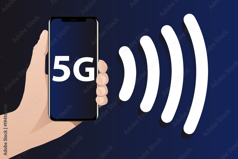 Hand with phone. The screen shows 5G symbol. From the phone goes the signal. World's fastest mobile internet. Hand with phone. The screen shows 5G symbol. From the phone goes the signal. World's fastest mobile internet.
