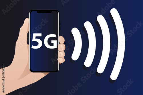 Hand with phone. The screen shows 5G symbol. From the phone goes the signal. World's fastest mobile internet.