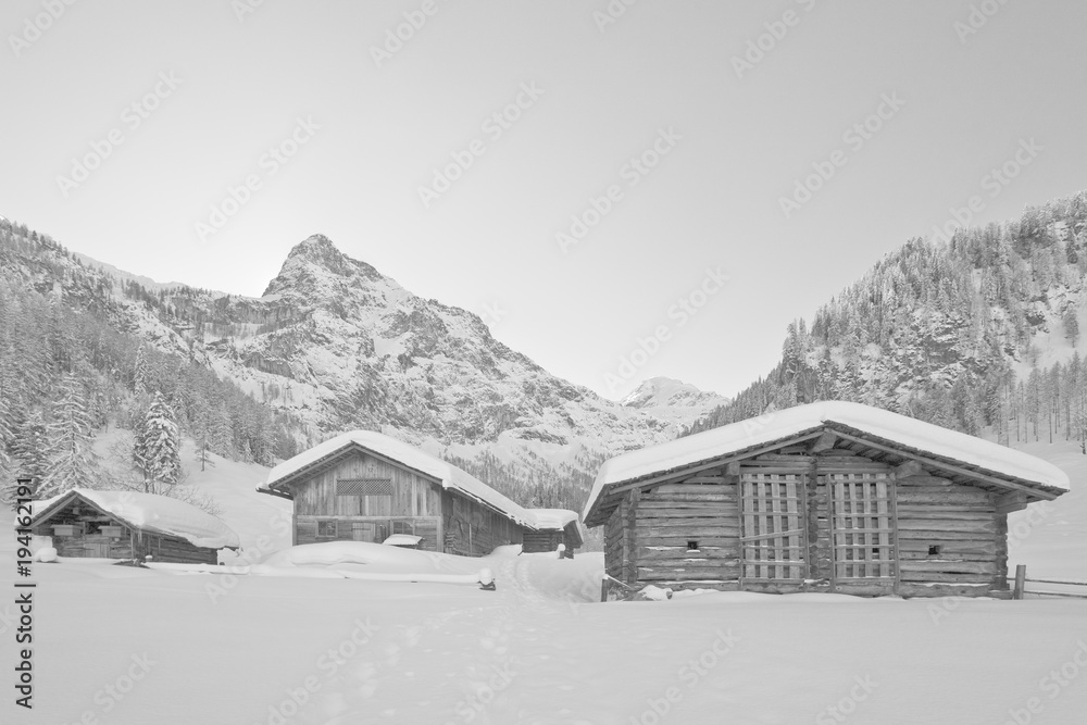 Tief verschneite Almhütten in der Marbachalm in Flachauwinkl / Radstädter Tauern / Pongau / Alpen