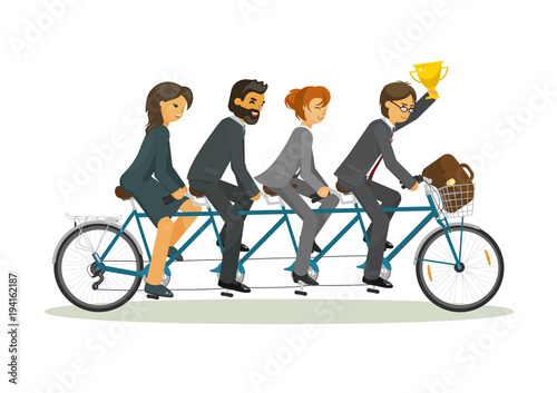 Leadership. Business team riding tandem bicycle together. Business teamwork, leader, winner concept. Vector illustration on white background.