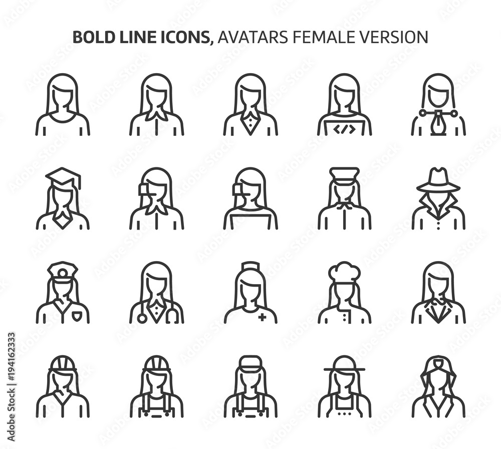 Fototapeta premium Female avatars, bold line icons