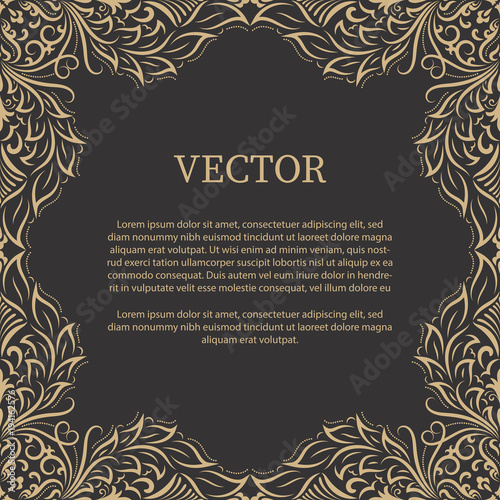 Vintage floral greeting card, wedding card. Black and Gold.