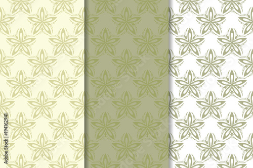 Set of olive green floral backgrounds. Seamless patterns