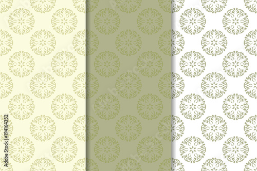 Set of pale olive green floral backgrounds. Seamless patterns